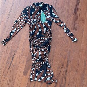 FARM Rio Geometric Long Sleeve Dress in Brown and Black